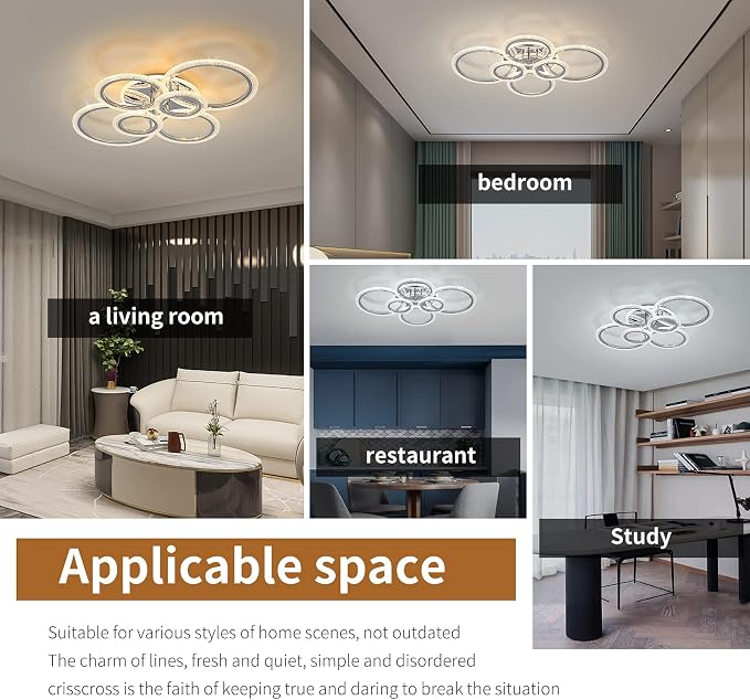 Garwarm Modern LED Flush Mount Ceiling Light with Remote, 6 Ring Chrome | 76W Dimmable LED Ceiling Fixture,3000K-6000K Adjustable Lighting for Low Ceiling Living Room, Dining Room ,Kitchen,Bedroom