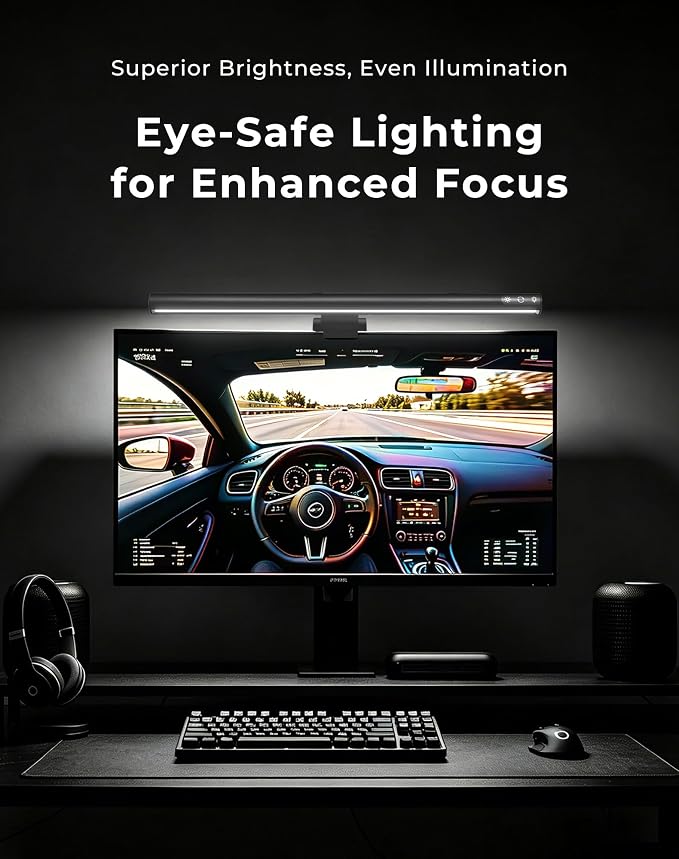 17.5" Monitor Light Bar for Flat & Curved Screens (0.3"-1.4"), Ultrawide Eye-Care Desk Lamp with Asymmetric No-Glare Light, Stepless Dimming, Premium Aluminum Screen Bar for Home Office