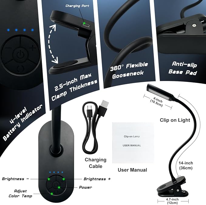 Clip on Light, Desk Lamp with Clamp for Bed, Home Office, Craft (Black) | Cordless LED Reading Light with 3500mAh Rechargeable Battery, 3 Color Modes, 10 Brightness Levels, 14-inch Adjustable Neck