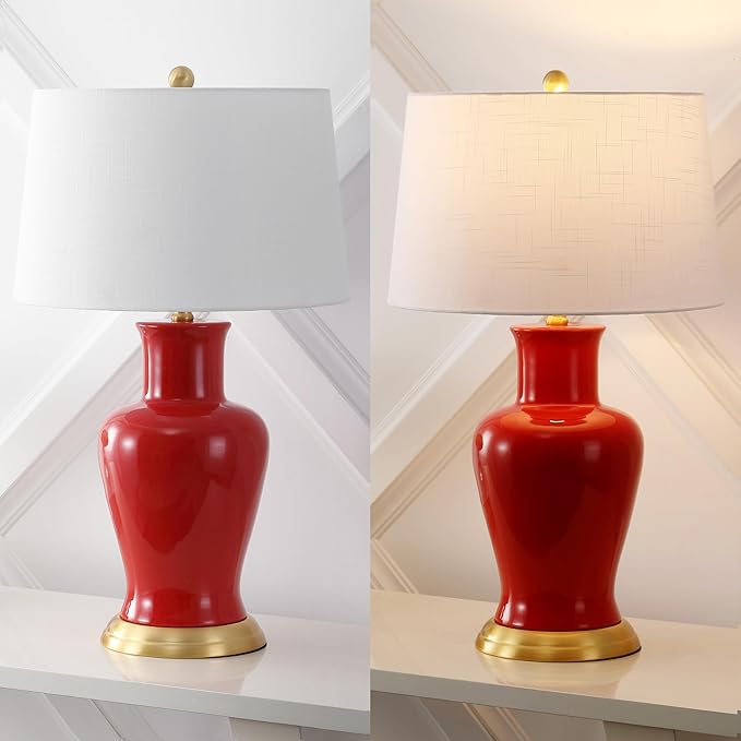 JONATHAN Y 29" Red Traditional Ceramic Urn LED Table Lamp for Bedroom Decor, White Linen Drum Shade, Classic Nightstand Lamp for Living Room, LED Bulb Included (JYL4026G)