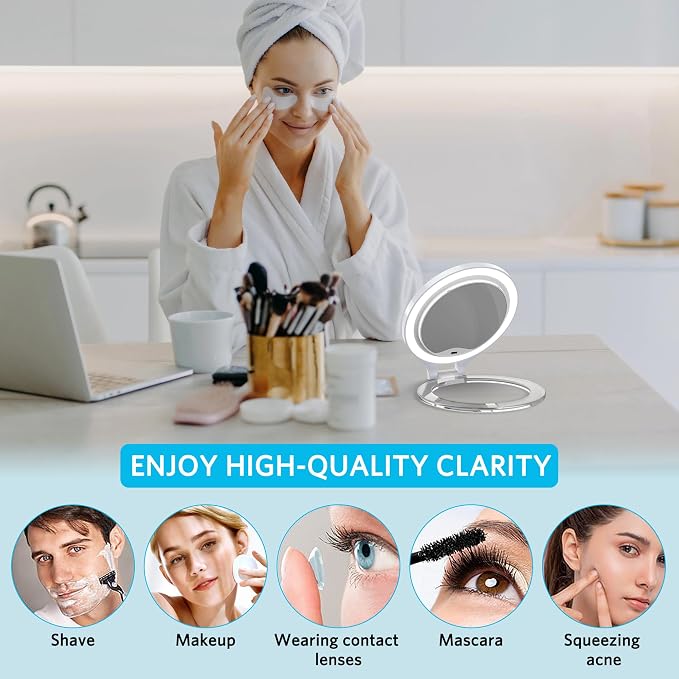 WEILY Magnifying Makeup Mirror 10X/1X, Travel Mirror with Light | Double Sided Rechargeable Mirror with 3 Color Lights for Makeup, Tweezing, Blackhead and Come Done Removal (White)