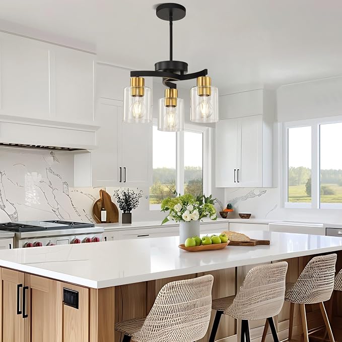Black Brass Dining Room Chandelier, 3 Light Modern Industrial Pendant Light for Kitchen Island, Adjustable Height Ceiling Light with Clear Glass Shades,E26 Base,Dimmable