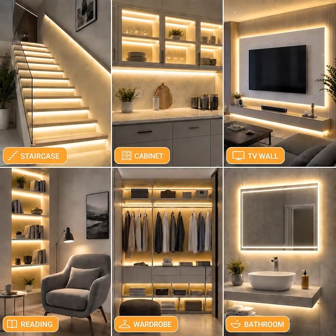 GUPUP 16.4ft COB Turnable Rope Light, Warm White LED Strip Light, 3000K 24v | 1600 LEDs Density Lighting Strip with Dimmable Switch, 3M Adhesive, CRI≥90 for Cabinet, Kitchen, Mirror, Home Decoration