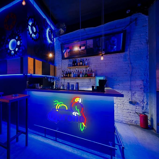Coron Neon Sign Parrot Neon Lights for Bar Decor, Palm Tree Beer Lights Bar LED Neon Sign Dimmable Light Up Signs Man Cave Home Pub Beer Gift Neon Lamp (Blue)