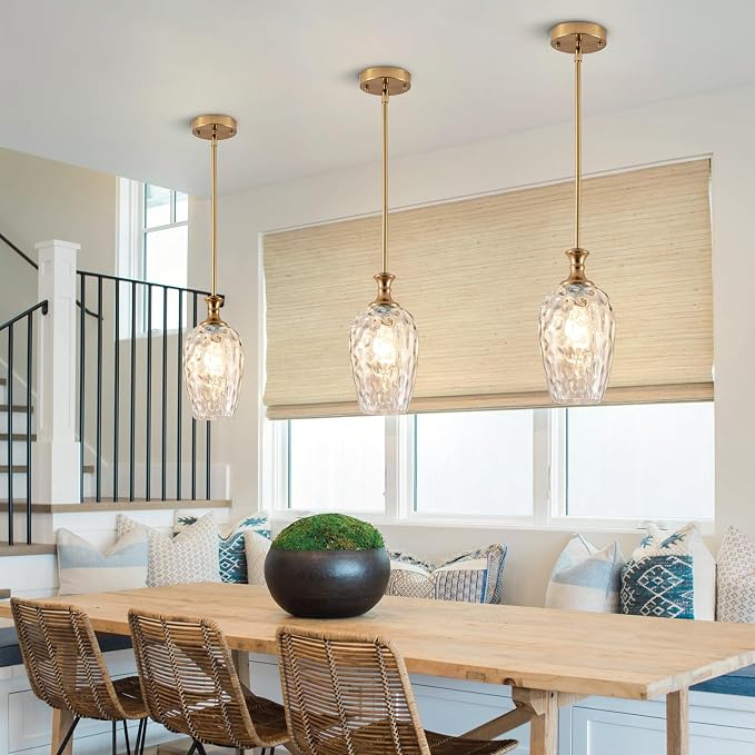 Modern Gold Pendant Lights, Adjustable Kitchen Island Pendant Lighting Fixtures with Clear Glass Shade, Hanging Light for Dining Room, Bedroom & Home Decor (Bulbs Not Included) 1 Pack