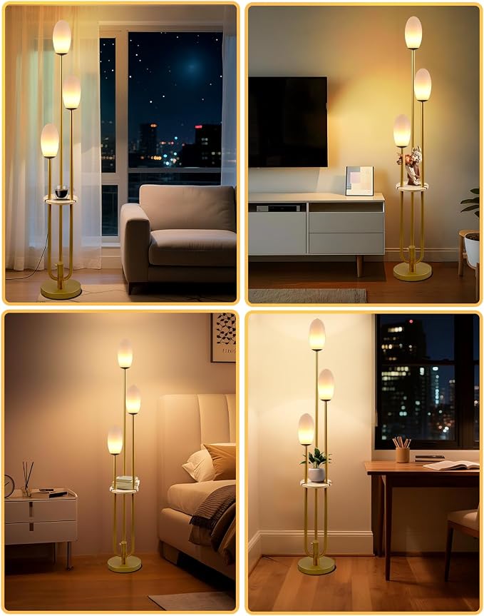 Lightdot Gold Dimmable Floor Lamp with Table, 63IN Mid-Century Oval Floor Lamps with Bulbs Included, 3-Lights Modern Tall Standing Lamp with 5Lbs Heavy Base for Living Room/Sofa Beside/Corner Decor