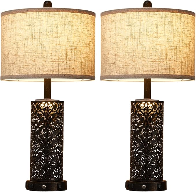 SAIWEYA 26" Set of 2 Farmhouse Table Lamp for Bedroom, Dimmable Touch | 3 Way Dimmable, 2 USB Ports + AC Outlet Bedside Lamp for Nightstand, LED Bulb Included, Fabric Shade, Flower Metal Body