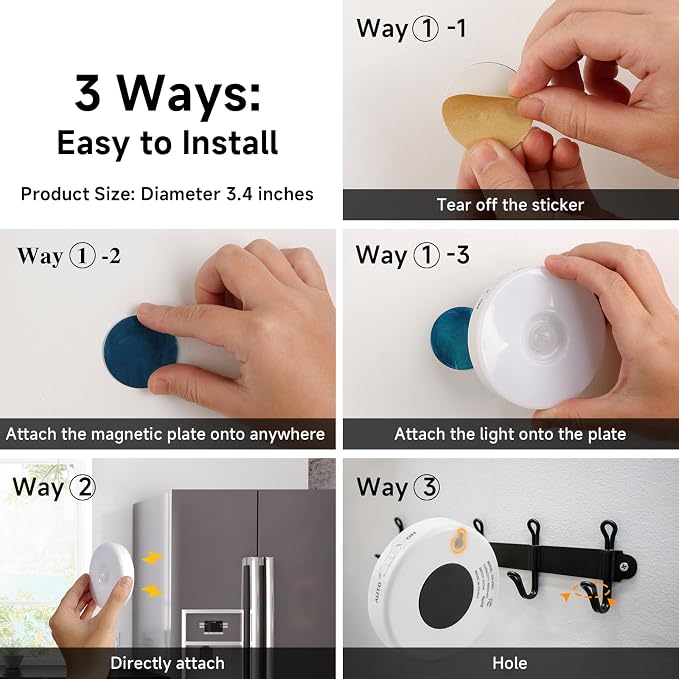 Improved LED Rechargeable Motion Sensor Light Indoor, Bright & Long-Lasting | Stick-On Motion Sensor Puck Night Lights for Closet, Cabinet, Kitchen, Hallway, Stairs - Warm 2Pack