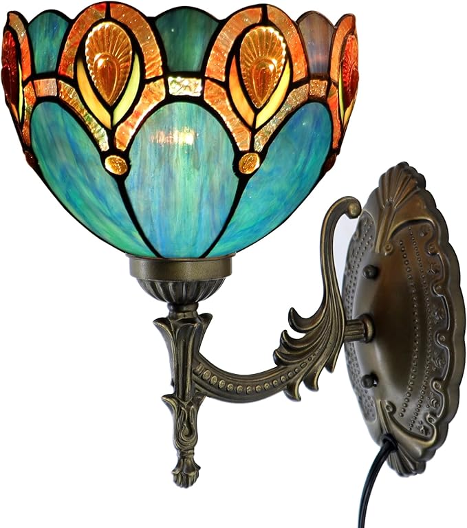 Tiffany Sconce Lamp Stained Glass Wall Lamp,8X10.5X11 Inch Plug in Wall Bedside Light for Hallway Bedroom (Peacock Crystal)