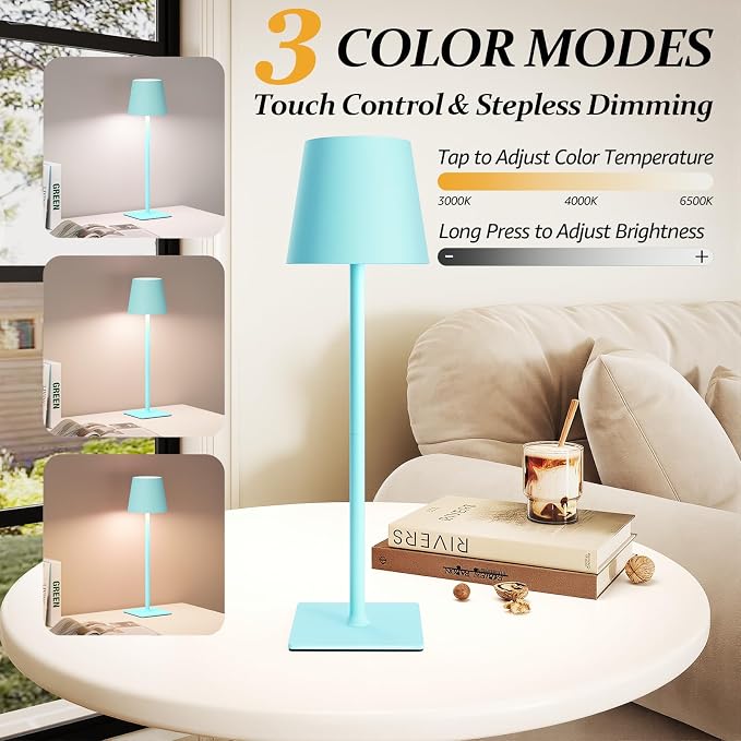 CHLORANTHUS 2 Pack Cordless Table Lamps, 3 Colors Stepless Dimming, 5000mAh Rechargeable Battery LED Desk Lamp for Bedroom/Couple Dinner/Desk/Cafe/Dining Room/Terrace