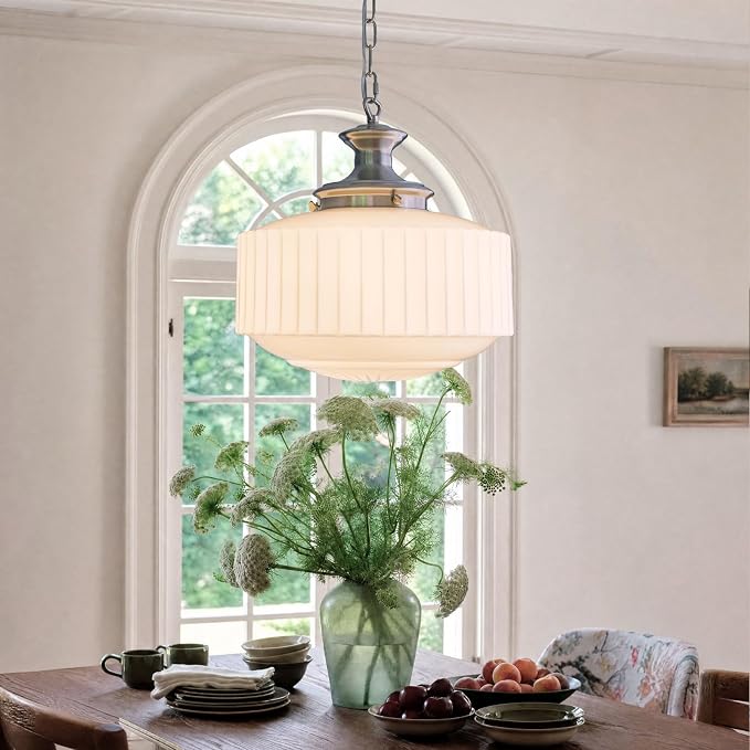 Vintage Milk Glass Pendant Lights, 13.8" White Pleated Glass Chandelier, Schoolhouse Antique Pendant Lights, for Kitchen Island Lighting, Hallway, Bedroom, Dining Room, Foyer, E26 Bulb Included