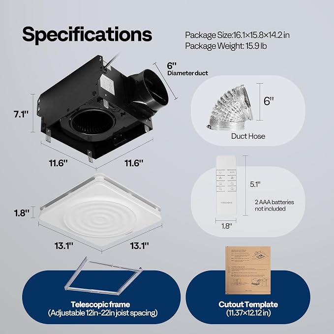 VIVOHOME 240 CFM Bathroom Exhaust Fan with Humidity Sensor - 1.6 Sones Quiet Energy-Saving EC Motor, 6-Speed AutoFlow Remote, 11 x 12 in Easy Retrofit, 6-Inch Duct Kit Included