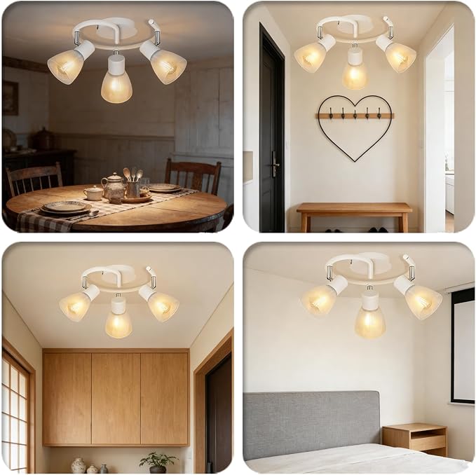 HiBay 3-Light Track Lighting, Modern Glass Ceiling Light Fixture White | Directional Flush Mount Spotlight Round for Kitchen, Bedroom, Living Room, E12 Base, Bulbs Not Included