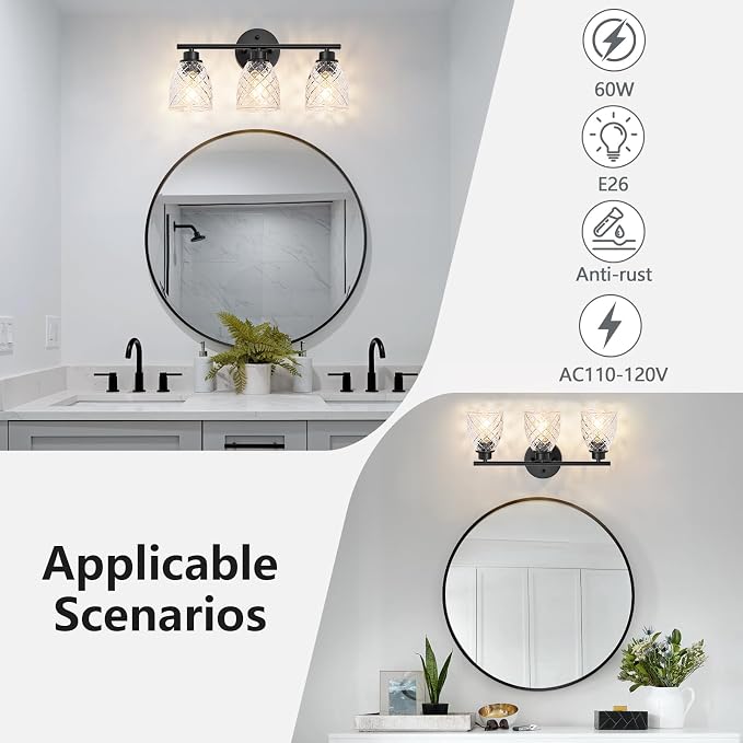 3-Light Vanity Light Over Mirror, Black Bathroom Light Fixtures | Modern Farmhouse Wall Lamp with Hammered Glass Lampshade for Kitchen Hallway Bedroom Living Room Cabinet Porch-18.1IN
