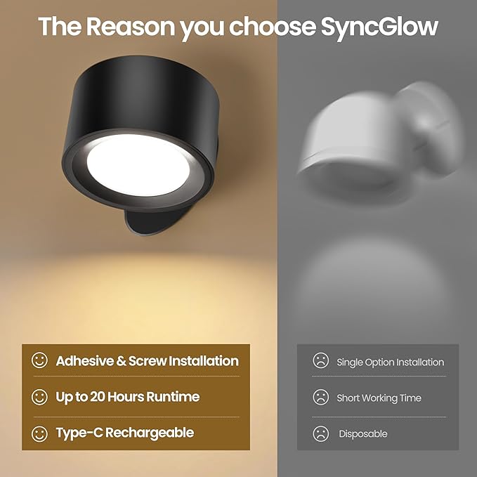 Wall Mounted Lamp, Rechargeable Battery Operated Wall Lights, Black-2 Pack | Rechargeble Renter Friendly, 3 Color Temperatures & 3 Brightness Levels 360°Rotate Magnetic Ball, Sconces for Reading Bedroom