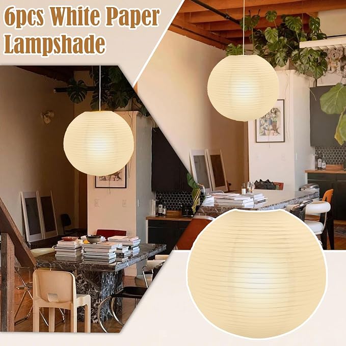 6 PCS White Paper Lantern Lamp, 12'' Chinese Paper Lantern Pendant Light Shade, Round Lampshade for Living Room, Bedroom, Ceiling Lampshade Party Decor