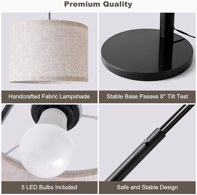 Bright Floor Lamp, Remote Control, Beige Shade Black Pole | Large Floor Lamp, 4000LM Independently Controlled 9W LED Energy-Saving Light Bulb, Memory Function, Adjustable Arm