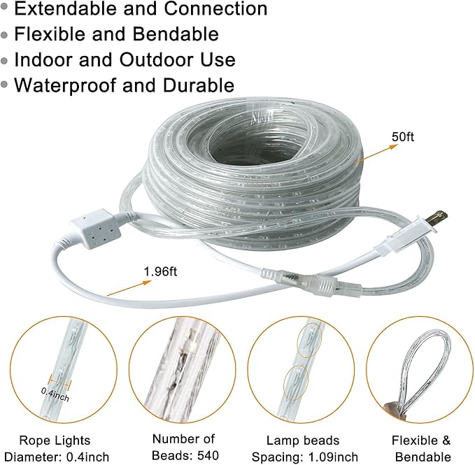 Rope Lights Outdoor Waterproof Daylight White: LED 50FT Cuttable Outside Bright 110V Lighting Connectable Flexible Plug Cool Clear Tube, Indoor Deck Patio Xmas Camping Decor, Not Flat Strip