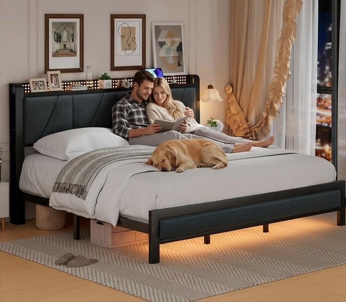 King Size Bed Frame with Storage Shelf and Upholstered Headboard | Metal Platform Bed with LED Light, Charging Station and Heavy Duty Slats, No Box Spring Needed, Noise Free & Easy Assembly