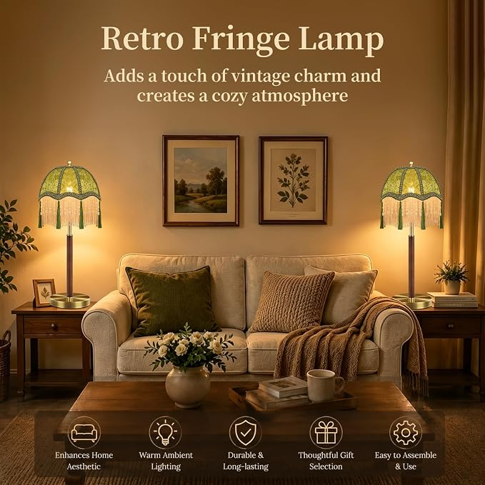 ILLMTW Fringe Table Lamp for Bedroom Living Room,Vintage Bedside Lamps Dimmable Boho Bedroom Lamp with Flower Green Lamp Shade,Mid Century Retro Tassel Unique Wood Small Nightstand Lamp Tiffany Decor