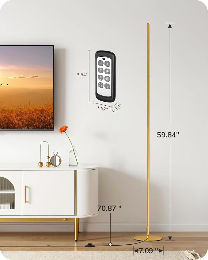 EDISHINE 59.8" Corner Lamp with Remote & 3 Height Settings, Dimmable & 3CCT | Foot Switch, Stable KD Structure, Minimalist Standing Lamp for Living Room, Bedroom, Office, Gold