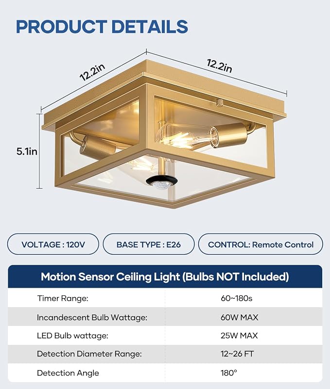 Lynnoland Motion Sensor Outdoor Ceiling Light with Remote, 12.2 Inch Gold Flush Mount Porch Light Fixture with United Glass Cover, 5 Modes Outside Flush Mount Light for Porch, Garage, Patio, Entryway