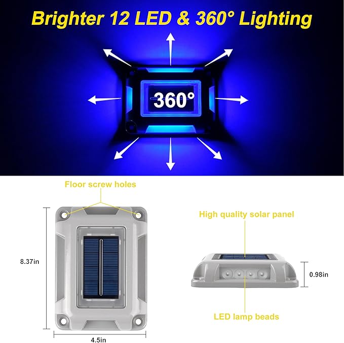 T-SUN Solar Deck Lights, Waterproof 1200mAh Driveway Lights Solar Powered Outdoor 12 LED Aluminum Driveway Dock Lighting Step Lights for Sidewalk Garden Pathway Stair Ground Yard -12 Pack