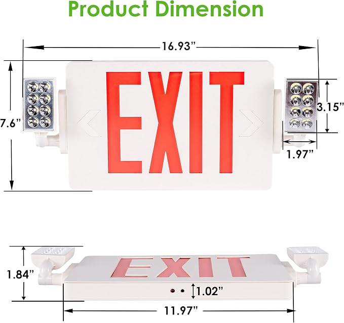 Gruenlich Exit Sign with Emergency Light, Double Face, Battery Backup | Hardwired LED Combo Exit Light for Bussiness, Two Bright and Adjustable Heads, Red, UL 924 and CEC, 120-277 Voltage, 12 Pack
