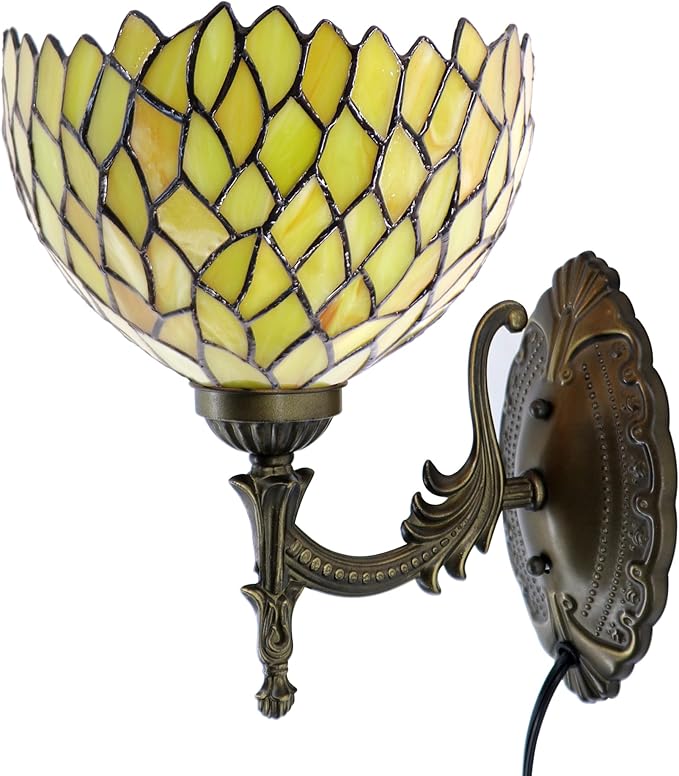 Tiffany Sconce Lamp Stained Glass Wall Lamp,8X10.5X11 Inch Plug in Wall Bedside Light for Hallway Bedroom (Yellow Wisteria)