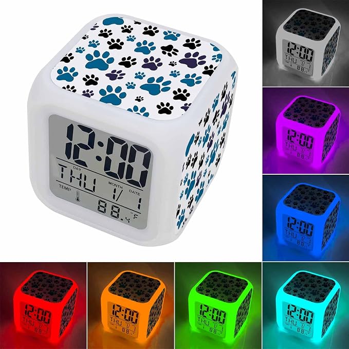 Alarm Clock Blue Paw Print Digital Clock Battery Operated Silent, Black Animals Cat Dog Colored Cartoon Decorative 7 Color LED Night Light Cube Alarm Clocks for Bedrooms Bedside Office