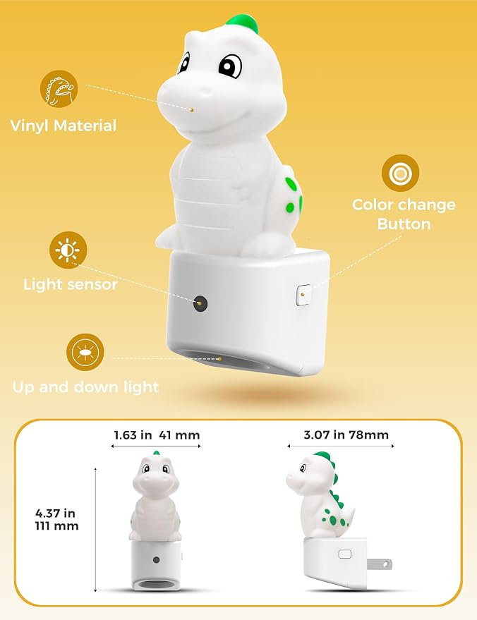 L LOHAS LED Night Light for Kids, 3D Dinosaur Night Light Plug in | Dusk to Dawn Nursery Night Lights, RGB+Soft White 3000K, 3 Lighting Modes, Room Decor, Children