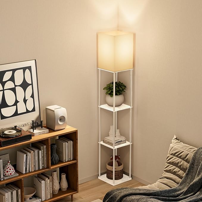 Floor Lamp with Shelves, 4 Layer Square Standing Lamp with 3 Color Temperature Bulb, Corner Display Bookshelf Lamp for Living Room, Bedroom and Office(White-2 Packs)