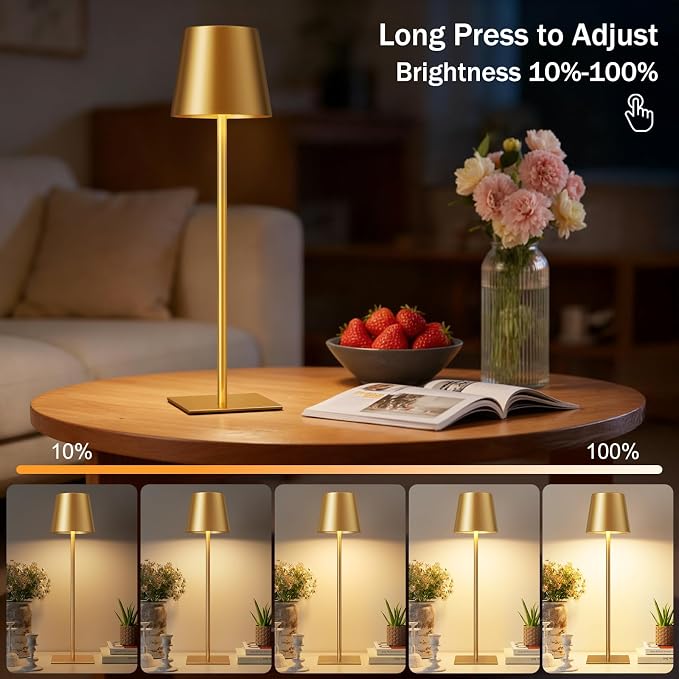 Kakanuo Gold Cordless Rechargeable Table Lamp, 4 Pack Portable Desk Lamp with 5000mAh Battery, Touch Control Stepless Dimming, Wireless Night Light for Dining, Outdoor Camping, Coffee Shop