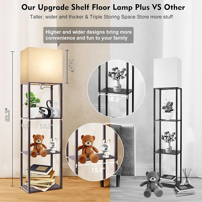 Plus - Floor Lamp with Shelves, Wide Shelf Lamp, Shelf Floor Lamp with 15W LED Bulb, 3 Colors Temperature, Memory Function, Large Display Storage, Standing Lamps for Living Room, Bedroom, Wood