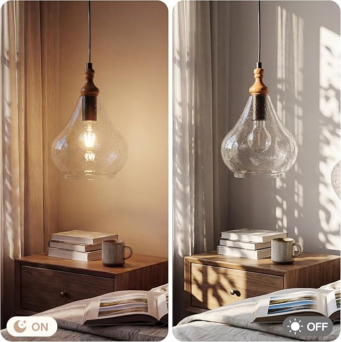 Farmhouse Teardrop Pendant Light for Kitchen Island, Brown Pine Wood and Seeded Glass Shade Hanging Light Fixture, Adjustable Cord, Rustic Dining Room, Coffee Shop and Bar