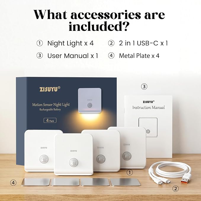 ZISUYU Rechargeable Motion Sensor LED Night Light, Step Light, 3000K Warm | Battery Powered Magnetic Stick-On Lamp, Wireless Wall Light for Stair Hallway Bedroom Bathroom Kitchen Closet(4 Pack)