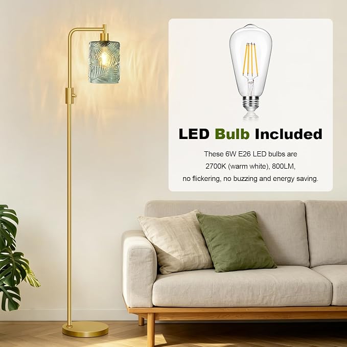 【Upgraded】 Dimmable Floor Lamp for Living Room with Green Feather Glass Lampshade, Gold Modern Floor Lamp with 900LM LED Bulb Included, Arc Standing Tall Lamp for Bedroom, Office, Reading Room, Corner