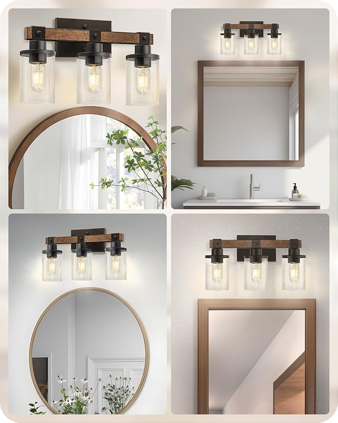 3-Light Bathroom Light Fixture, Farmhouse Vanity Lights for Bathroom with Glass Shade, Rustic Bathroom Light Fixtures, E26 Base F08BD05