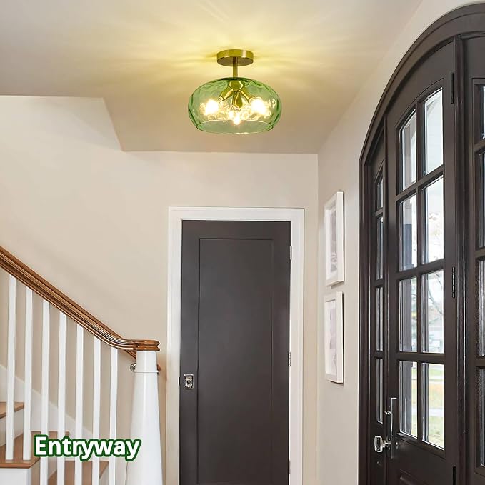 Vintage Semi Flush Mount Ceiling Light ,12″ Art Deco Green Hammered Glass | Gold,Mid Century,Whimsical,MCM,Unique Cute Retro Light Fixtures for Girls Bedroom,Entryway Laundry Room Kitchen Closet Foyer