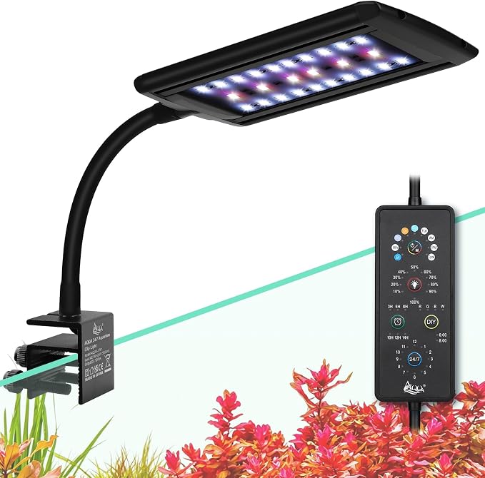 AQQA Clip On Aquarium Light for Plants Full Spectrum Fish Tank Light | with 24/7 Natural Mode & DIY RGBW Mode, 6 Timer Settings, 9 Color Options & 10 Dimmable Levels (12W for 7.9"-11.8" Tank)