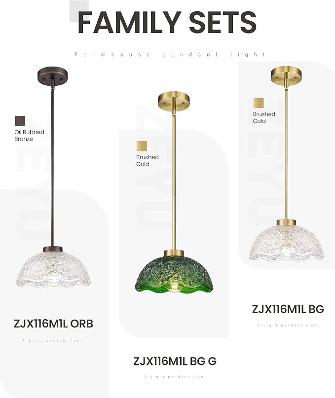 zeyu 2 Pack Pendant Lights, Kitchen Pendant Lighting Island, 10.4'' Glass Pendant Light Fixture with Clear Hammered Glass, Oil Rubbed Bronze Finish, ZJX116M1L-2PK ORB