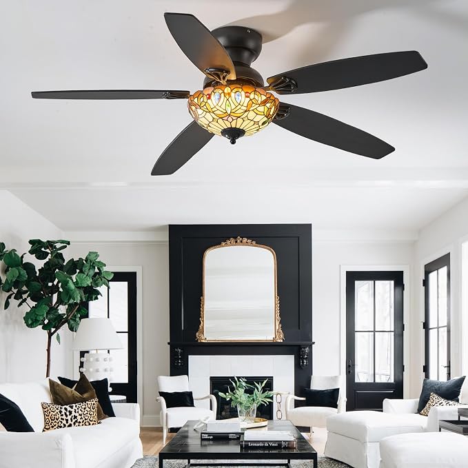 Ceiling Fans with Lights-52 Ceiling Fan Chandelier and Glass Shade | 52" Ceiling Fan Chandelier with 5 Dual-Blades and Glass Shade, 6 Speeds and Reversible, Indoor and Outdoor, Retro Style