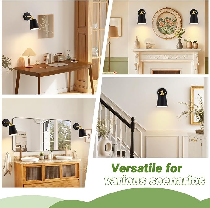 Dimmable Wall Sconces Set of 2, Wall Mounted Bedside Lamps with Rotary Switch, Black & Gold Sconces Wall Lighting, Bathroom Light Fixtures with Metal Shade, Wall Lights for Bedroom Living Room