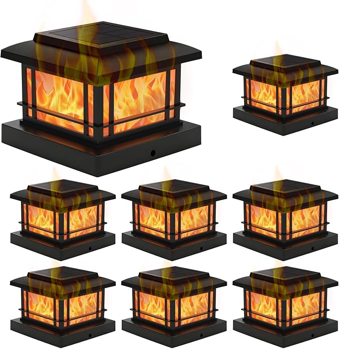 8 Pack 4x4 Post Solar Lights Outdoor with Flickering Flame, Fence Post Solar Lights Fit for 3.5x3.5 4x4 Wooden Vinyl Posts, Waterproof Solar Lights for Deck, Fence, Patio, Yard Decor (Black)