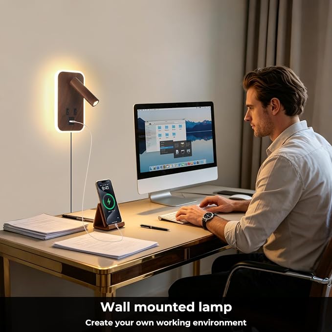 Wall Sconce Plug in with Wall Mounted Reading Lights with Switch | Wall Lights for Bedroom with USB C+A Ports, Bunk Bed Lights with 9W Night Light, Walnut Color Reading Light Adjustable Angle