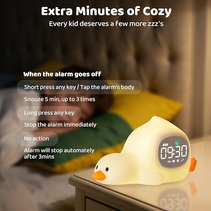 Laying Duck Alarm Clock with Night Light for Kids with Sleep Training and Sound Machine, Rechargeable Silicone Lamp OK to Wake Clock,Cute Animal Tabletop Lamp, Perfect Sleep Companion for Boys Girls