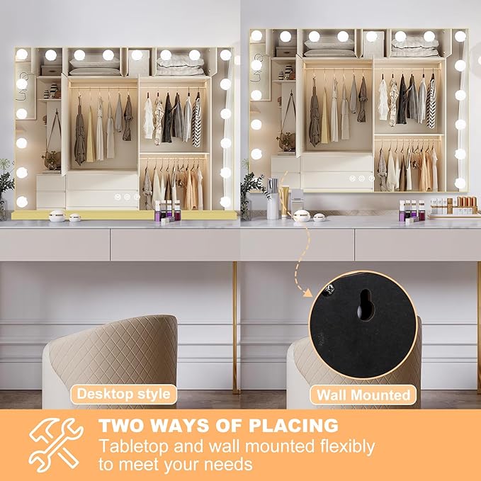 Moonee Gold Vanity Mirror with Lights, Hollywood Lighted Makeup Mirror with 18 Dimmable Bulbs and 10X Magnification, 3 Colors Modes, Aluminum Metal Frame, Light Up Mirror for Tabletop/Wall(32" x 24")