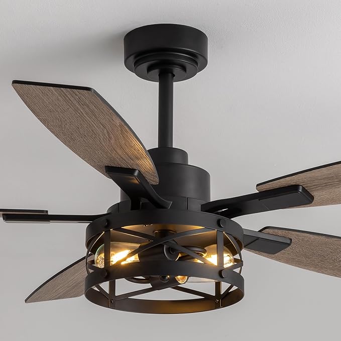 50 Inch Ceiling Fans with Lights and Remote & APP Control, Farmhouse Ceiling Fan with LED Lighting for Bedroom Living Room and Patio, Black Caged Ceiling Fan for Indoor and Outdoor(NO BULBS)