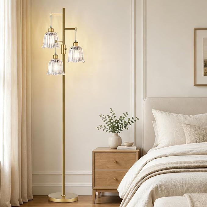 Dimmable Flower Floor Lamp, 3 x 900LM LED Bulbs Included, Modern | 70" Gold Tree Standing Lamp, 3 Lights Elegant Clear Glass Flower Shade, Vintage Floor Lamps for Living Room, Bedroom, Office