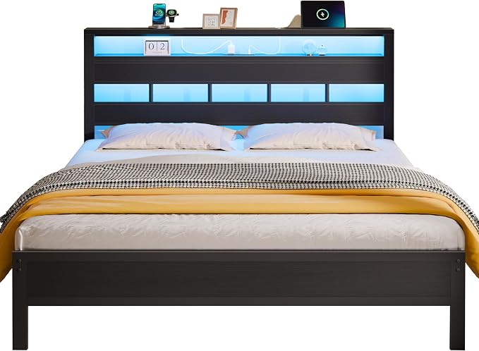 Queen Bed Frame with Storage Headboard and LED Lights, Black Oak | Heavy Duty Metal Slats Support, 2-Tier Wood Shelf, Charging Station:USB & Type-C Ports,Noise-Free,No Box Spring,Easy Assembly